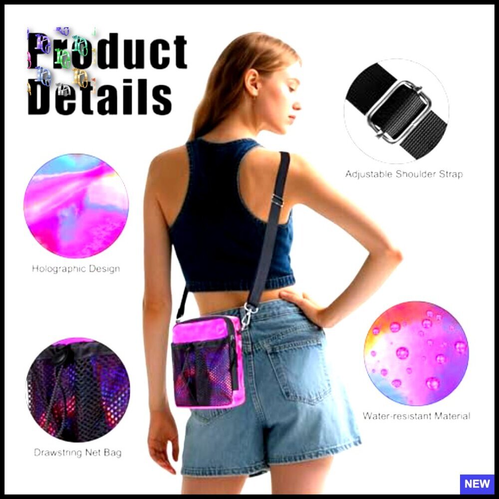 Holographic Mini Messenger Crossbody Bag Water Bottle Pocket Trendy Y2K - Picture 5 of 7